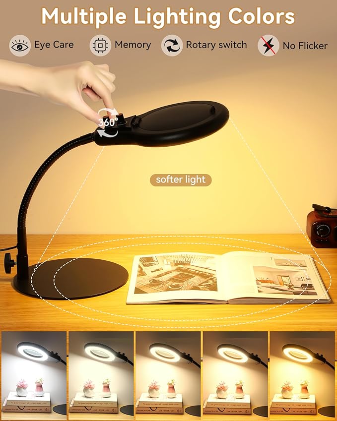 10X Magnifying Glass with Light and Stand, Flexible Gooseneck LED Lighted Desk Lamp with Dust Cover, Modes Stepless Dimming, Hands Free Magnifier for Craft Painting Hobby Reading