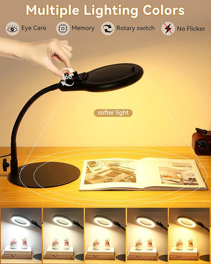 10X Magnifying Glass with Light and Stand, Flexible Gooseneck LED Lighted Desk Lamp with Dust Cover, Modes Stepless Dimming, Hands Free Magnifier for Craft Painting Hobby Reading