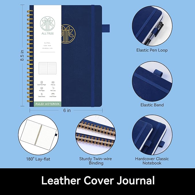Alltree Lined Journal Notebook, Spiral Notebook for Work, Journal for Women & Men, A5 Medium, Spiral Notebook with Tabs, Pen Loop, Pocket, Stickers, 160 Pages, Navy Blue(6"x8.5")