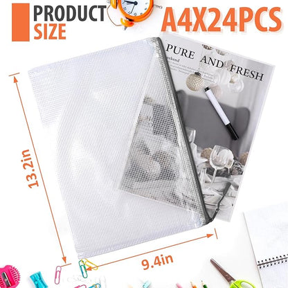24 Pack A4 Mesh Zipper Pouch Bags, Storage Bags, File Bags for Classroom Organization, Zipper Pouches of Office Supplies, Puzzles, Board Game Storage（Black）