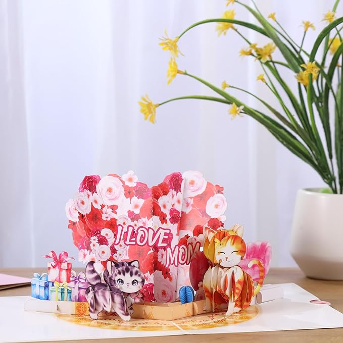 I Love You Mom Pop Up Valentines Day Card, Happy Birthday Pop Up Card For Mom, 3D Cat Mom & Floral Heart Shaped, Mother’s Day Love Card, Ideal Gift for Mom, Mother, Godmother, Stepmom, Mother In Law