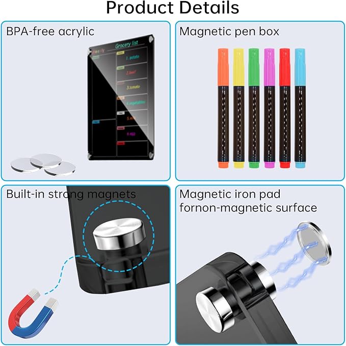 Fridge Calendar Meal Planning Board, Dry Erase Acrylic Magnetic Monthly Weekly Calendar Planner for Refrigerator with 6 Colors Markers (Black-Weekly(15.7x11.8))