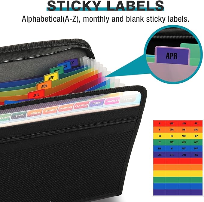 H4D Zippered Accordion File Organizer with Front Mesh Pouch, 13 Pocket Expanding File Folder, Fit for Documents Letter Size A4 Papers, Black