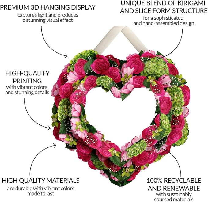 Lovepop Love Pop-Up Paper Wreath for Her and Him - 3D Greeting Cards for Boys, Girls, Men, Women - Rose Heart Wreath - 14" Flower Decor - Blank Notecard Included