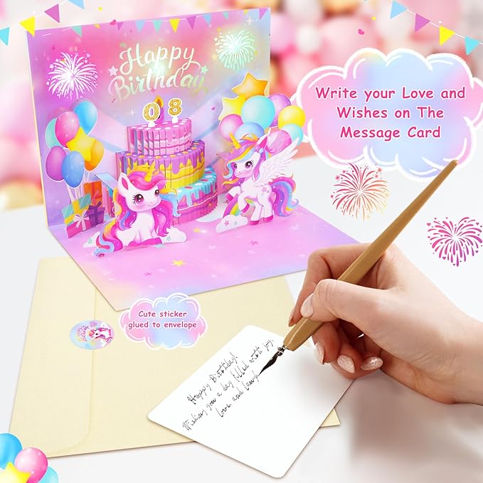Pop Up Birthday Card with Light & Music, Unicorn 3D Birthday Card, Fireworks Birthday Card for Women Kids Girls Daughter, 3D Cake Greeting Crad with Blowable Candle Sticker DIY Numbers