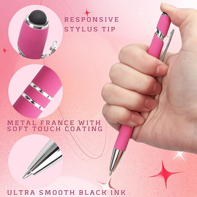 Ballpoint Pens with Stylus Tips，12 Pcs Pink Retractable Metal Stylus Pen for Touch Screens, 1.0 mm Black Ink
