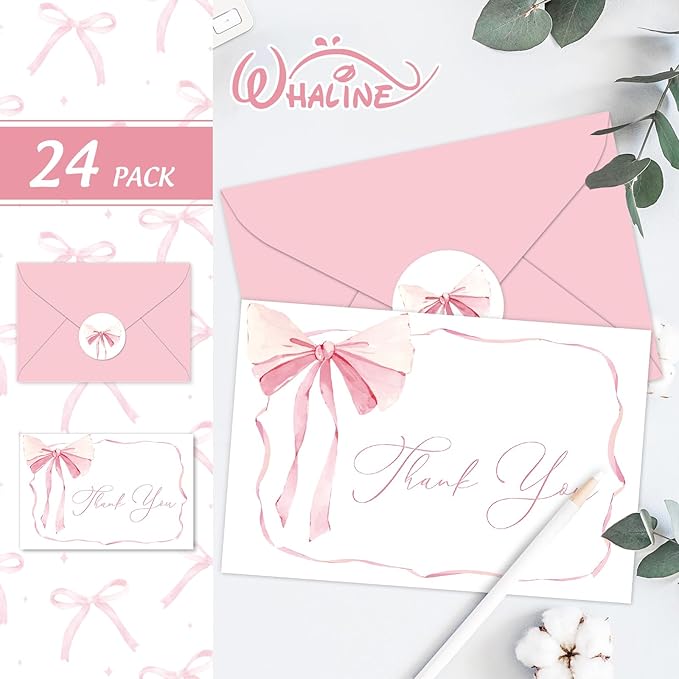 Whaline 24 Pack Pink Bow Thank You Cards Coquette Bow Greeting Cards with Envelopes Stickers Blank Note Cards for Wedding Bridal Baby Shower Birthday, 4 x 6 Inch
