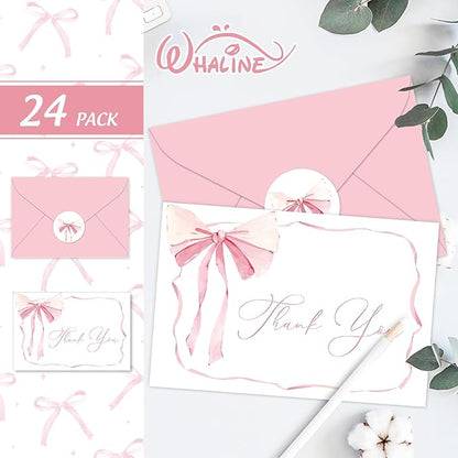 Whaline 24 Pack Pink Bow Thank You Cards Coquette Bow Greeting Cards with Envelopes Stickers Blank Note Cards for Wedding Bridal Baby Shower Birthday, 4 x 6 Inch