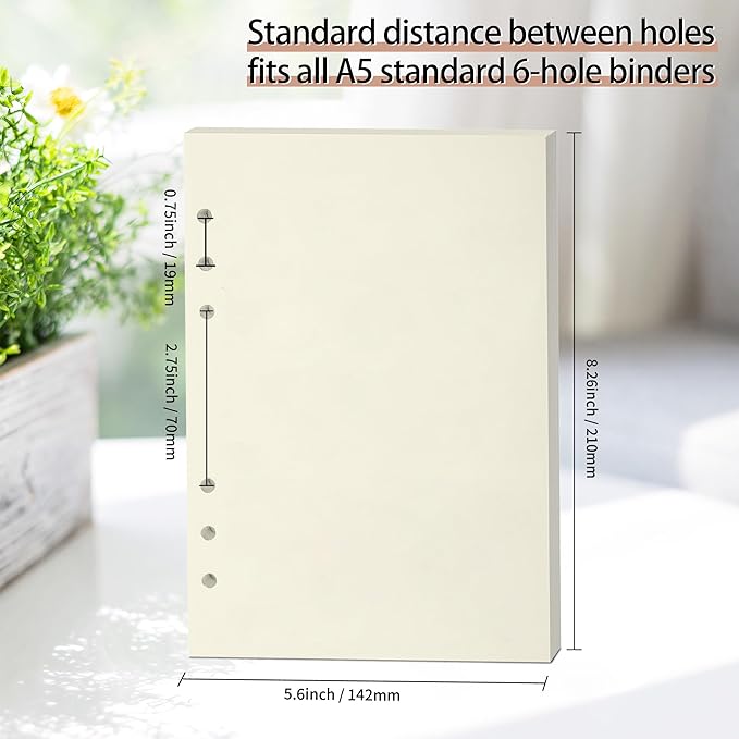 A5 Blank Refill Paper, A5 Loose Leaf Paper 6 Hole Notebook Refills for 6 Ring Refillable Binder Notebook Planner Diary Journals Painting -Blank Pages,80 Sheets/160 Pages
