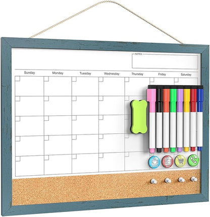 Whiteboard Calendar & Corkboard for Wall, 17"x13" Dry Erase Monthly Calendar with Wood Framed, Magnetic White Board Cork Board Combo, Calendar Bulletin Board for Home Office Kitchen Memo Planner