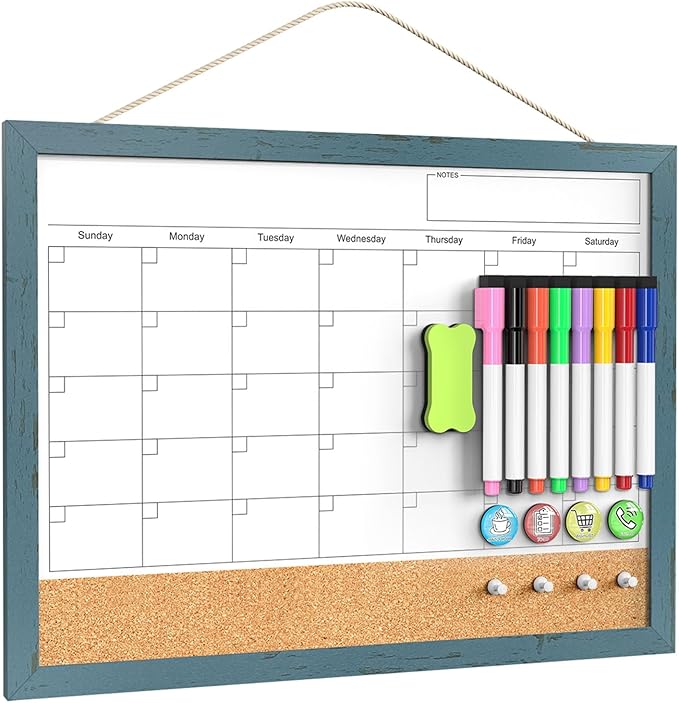 Whiteboard Calendar & Corkboard for Wall, 17"x13" Dry Erase Monthly Calendar with Wood Framed, Magnetic White Board Cork Board Combo, Calendar Bulletin Board for Home Office Kitchen Memo Planner