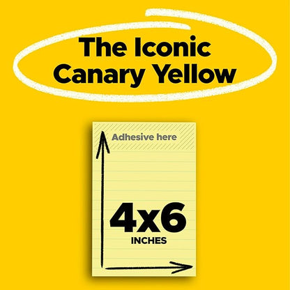 Post-it 100% Recycled Paper Super Sticky Notes, Canary Yellow, Lined, 4 in. x 6 in., 4 Sticky Note Pads, 45 Sheets per Pad, School Supplies and Office Products