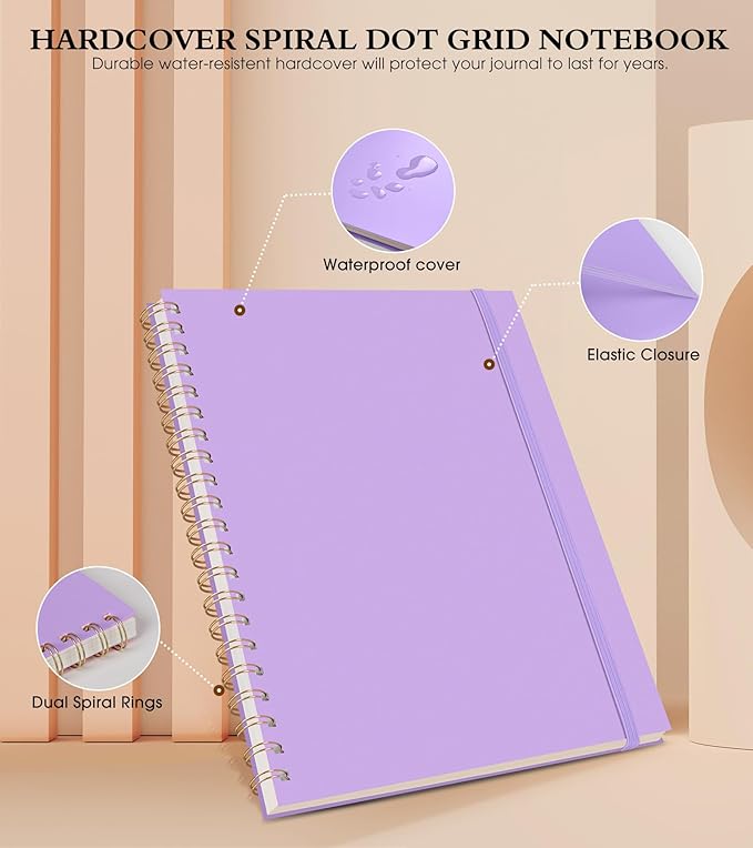 Dotted Notebook, Spiral Notebook Journal 8.5” x 11”, A4 Large Dot Grid Notebooks for Women Men, 100 GSM Dotted Paper, Plastic Hardcover Spiral Bullet Dotted Journals for Work School Sketching, Purple
