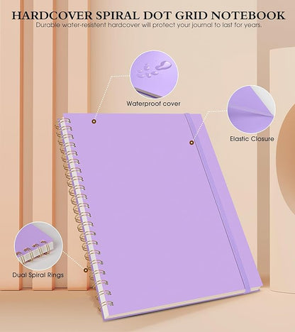 Dotted Notebook, Spiral Notebook Journal 8.5” x 11”, A4 Large Dot Grid Notebooks for Women Men, 100 GSM Dotted Paper, Plastic Hardcover Spiral Bullet Dotted Journals for Work School Sketching, Purple