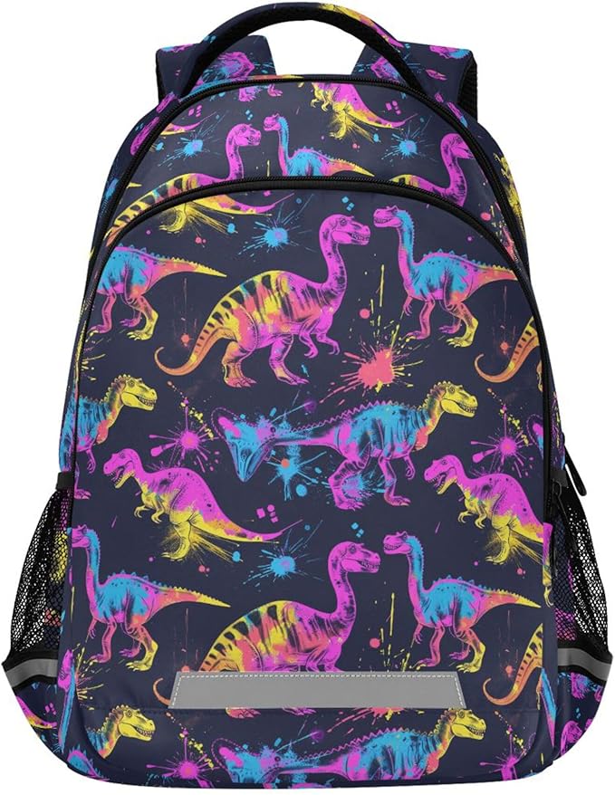 MNSRUU Laptop Backpack with Chest Strap, Neon Funny Dinosaurs School Backpack, Travel Hiking Backpack for Boys Girls Teen Adult, Rucksack, Knapsack