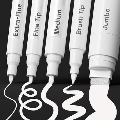 ARTISTRO 5 White Acrylic Paint Pens, Acrylic Paint Markers Different Tip, Fabric Markers for Textile, Canvas, Rock, Glass, Wood, Paper, DYI, Pens for Kids and Adults