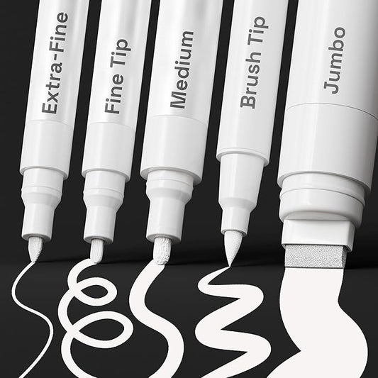 ARTISTRO 5 White Acrylic Paint Pens, Acrylic Paint Markers Different Tip, Fabric Markers for Textile, Canvas, Rock, Glass, Wood, Paper, DYI, Pens for Kids and Adults