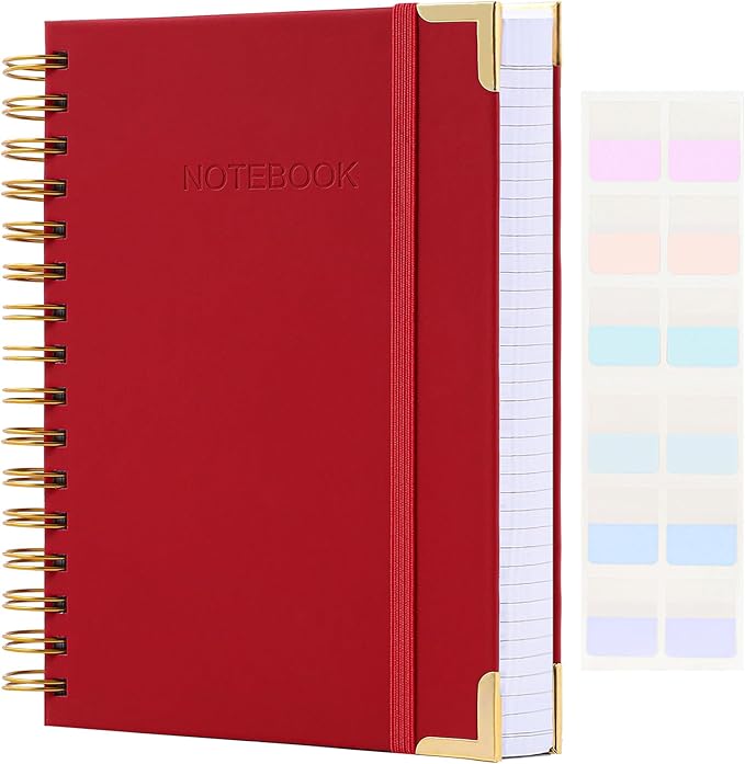 Spiral Notebook, College Ruled Notebook, 8.5" x 11", 300 Pages Hardcover Leather Notebook Journal for Women Men, A4 Large Lined Journal Notebooks for Work School, 24pcs Index Tabs, Thick Paper, Red