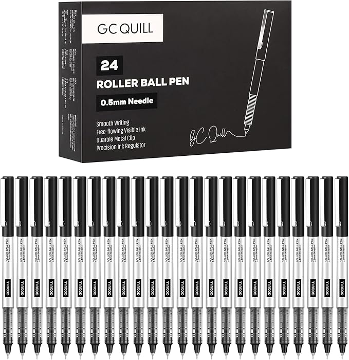GC QUILL 48 Rollerball Pens 0.5mm Needle Point Black Liquid Ink Pens 24 and Blue Liquid Ink Pens 24 for Bullet Journaling, Office Supplies for Writing, Taking Notes & Sketching BKL48