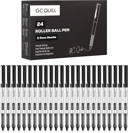GC QUILL 48 Rollerball Pens 0.5mm Needle Point Black Liquid Ink Pens 24 and Blue Liquid Ink Pens 24 for Bullet Journaling, Office Supplies for Writing, Taking Notes & Sketching BKL48
