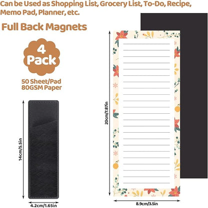 4 Pack Magnetic Note Pad for Fridge with Pen Holder, Totally 200 Sheets Magnetic To Do List, Shopping List, Grocery List, Memo Pads for Refrigerator（Flower Design）