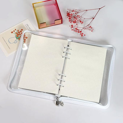 Multibey A5 Binder Cover Clear Soft PVC 6-Ring Binder Budget Cash Evelopes System with Zipper Planner Organizer Refillable Notebook Journal Binder (White, A5)