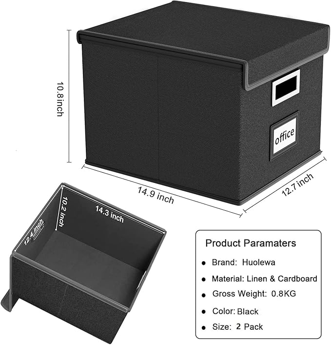 Upgraded File Organizer Boxes with Lids, Huolewa Collapsible Linen Hanging Filing & Storage Boxes with Plastic Slide for Office/Decor/Home, Filling System for File/Folders/Document Storage -2 Pack