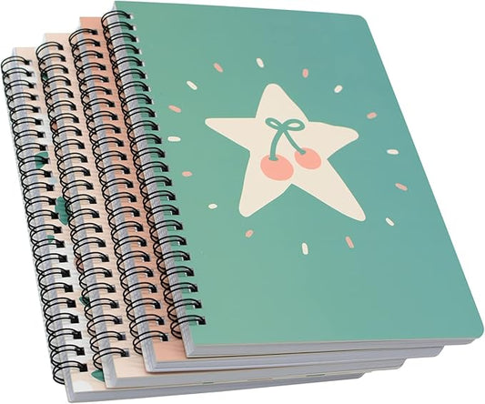 Yansanido Spiral Notebook, 4 Pcs A5 Cherry Design Hardcover 8mm Ruled 4 Color 80 Sheets -160 Pages Journals for Study and Notes (Cherry)