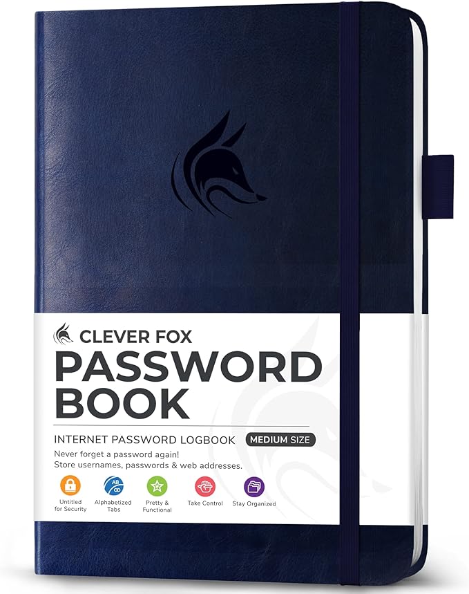Clever Fox Password Book with Alphabetical tabs. Internet Address Organizer Logbook. Medium Password Keeper for Website Logins (Dark Blue)