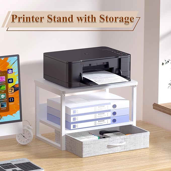 MARTY Printer Stand with Storage Drawer for Desk, 2-Tier Desktop Printer Stand Shelf Organzier for Home Office Printer Riser Under Desk Small Printer Table for Fax Machine Copier Scanner (White)