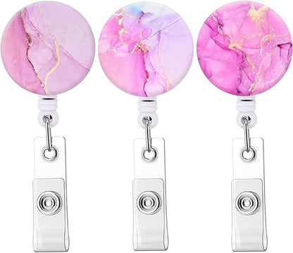 Retractable Badge Reel,Badge Holder with Alligator Clip,Cute Badge Clip on ID Name Card Holders for Nurse Doctor and Office (3Pack Marble Pink)