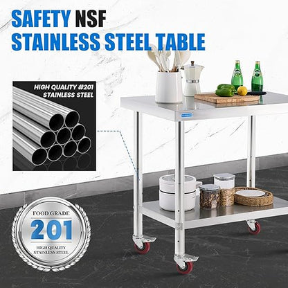 Stainless Steel Table for Prep & Work with 4 Caster Wheels with Undershelf 24 x 36 NSF Metal Commercial Kitchen Adjustable Undershelf Worktable for Restaurant Home Outdoor
