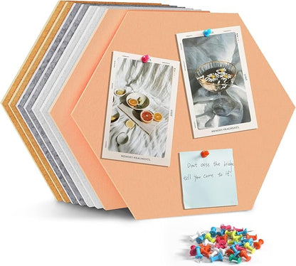 12" Large Bulletin Board with 30 Push Pins, Pack of 8 Hexagon Felt Pin Board Notice Boards for Home Office Kitchen, Felt Wall Tiles for Photos Memos (White Yellow)