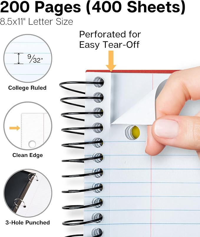 Dunwell 5-Subject Spiral Notebook, College Ruled (Red), Colorful Movable Pocket Dividers with Tabs, Front/Back Plastic Covers, 200 Sheets (400 Pages) of 3-Hole Punch Perforated 8.5x11 Paper