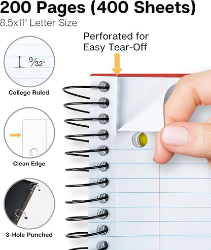 Dunwell 5-Subject Spiral Notebook, College Ruled (Red), Colorful Movable Pocket Dividers with Tabs, Front/Back Plastic Covers, 200 Sheets (400 Pages) of 3-Hole Punch Perforated 8.5x11 Paper