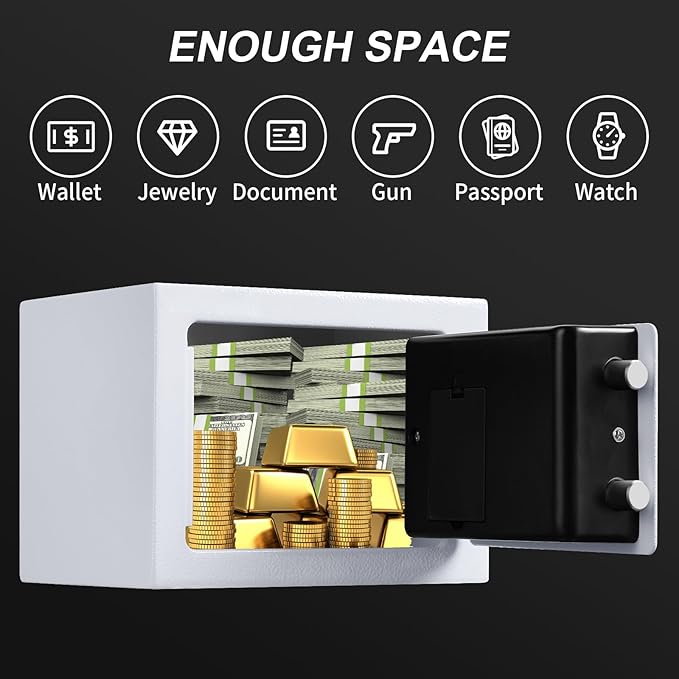 Tenamic Safe Box 0.23 Cubic Feet Electronic Digital Security Box, Keypad Lock Box Cabinet Safes, Solid Alloy Steel Office Hotel Home Safe, HB17 White