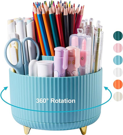 360 Degree Rotation Pen Holder, 5 Slots Office Desk Pen Organizer Multi-Functional Pencil Cup Makeup Brush Holder Office Business Card Pen Pencil Stationery Holder Storage Box Blue