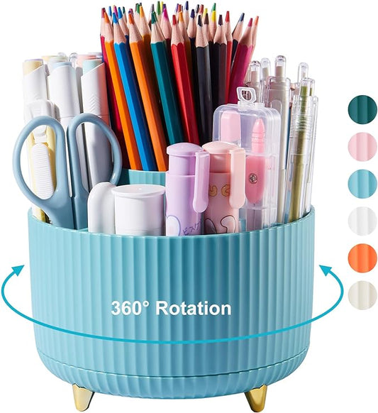 360 Degree Rotation Pen Holder, 5 Slots Office Desk Pen Organizer Multi-Functional Pencil Cup Makeup Brush Holder Office Business Card Pen Pencil Stationery Holder Storage Box Blue