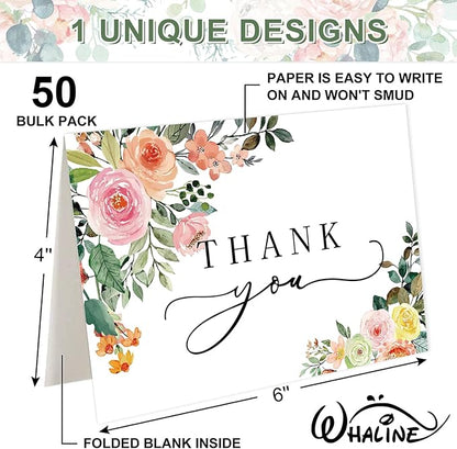 Whaline 50 Pack Floral Thank You Cards Boxed Watercolor Flower with Green Leaves Blank Note Cards with Envelopes Stickers Greeting Cards for Spring Wedding Birthday