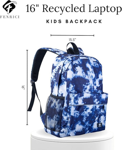 Fenrici Tie Dye Backpack for Boys, Girls, Blue Backpack for Kids, Bookbag with Padded Laptop Compartment, Blue Tie Dye, Indigo Blue, 16 Inch