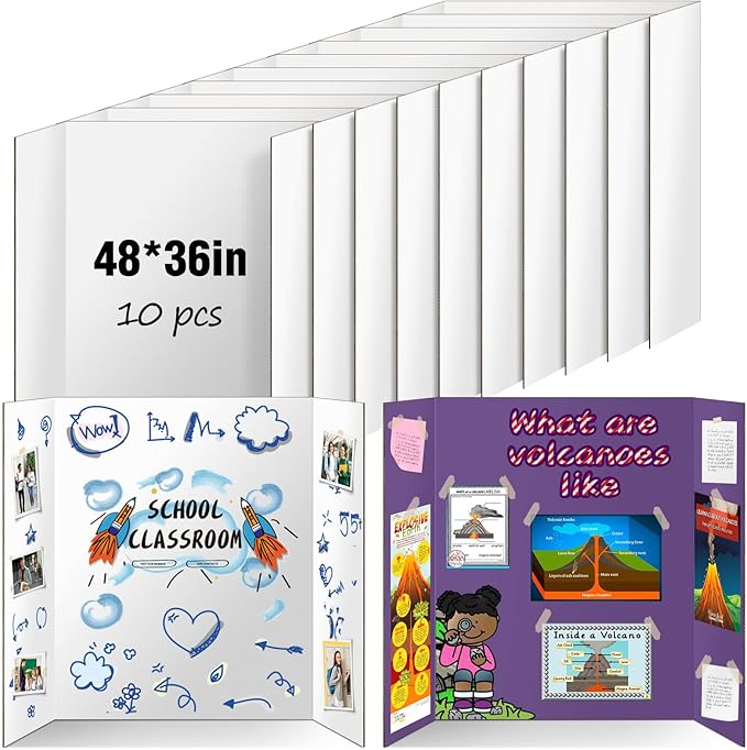 10 Pack Trifold Poster Board 48" X 36", IKAYAS Double Sided White Tri-fold Poster Boards, Science Fair Display Boards Posterboard Foamboard for Mounting, Art, Display, Projects Classroom Supplies