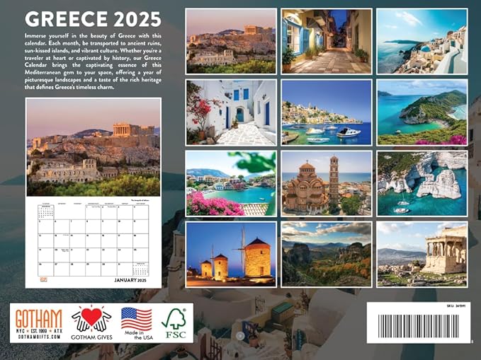 Greece Calendar 2023 Monthly Wall Hanging Calendars Greek Athens Island Europe Mediterranean Travel Large Planner 24 Months-Full 2023 Write On Grid Plus Bonus 2024 Preview Chart-Made In USA,12x18