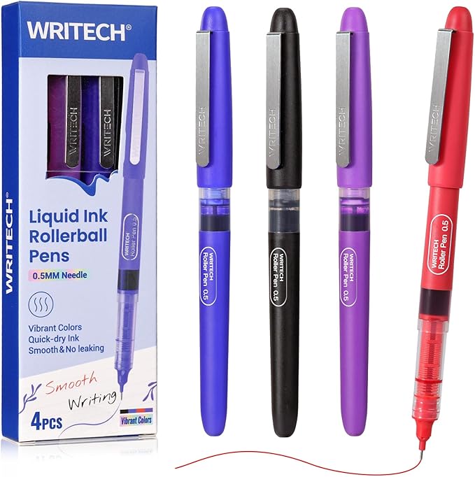 WRITECH Liquid Ink Rollerball Pens: 0.5mm Extra Fine Point Tip Quick Dry Roller Pens 4ct Assorted Colors Ink for Writing, Taking Notes & Sketching Multi Colored
