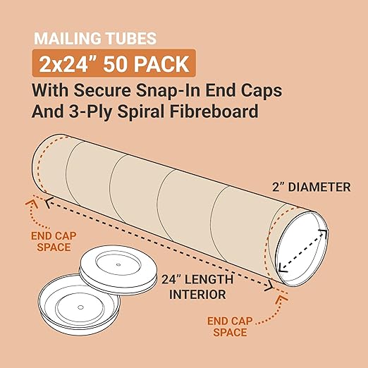 AVIDITI Cardboard Tubes with Caps, 24"L x 2"W x 2"H, Pack of 50 | Poster Tube for Mailing and Storage of Blueprints, Artwork, Crafts, Long Art Holder, 24 inches
