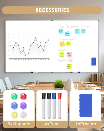 72"X 40" Large Magnetic Dry Erase Whiteboard, Removable Wall Hanging Board with 4 Pens & 1 Dry Erasers & 6 Magnets, Sliver Aluminum Frame White