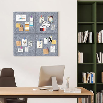 4 Pack Cork Board Tiles 12x12 Inches, 1/2" Thick Felt Cork Squares with 30 Push Pins, Bulletin Board Pin Board, Adhesive Cork Board for for Wall for Home, Office, and Kitchen (Gray)