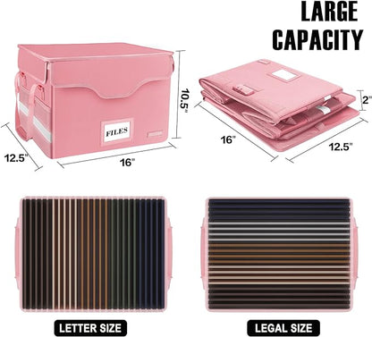 DocSafe File Box Fireproof Document Box with Lock,File Storage Organizer Box with Insert Pockets,Collapsible Portable File Box Home Office File Cabinet Safe for Hanging Letter/Legal Folder,Pink,2 Pack