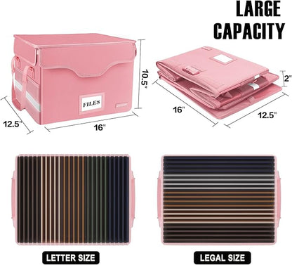 DocSafe File Box Fireproof Document Box with Lock,File Storage Organizer Box with Insert Pockets,Collapsible Portable File Box Home Office File Cabinet with Handle for Hanging Letter/Legal Folder,Pink