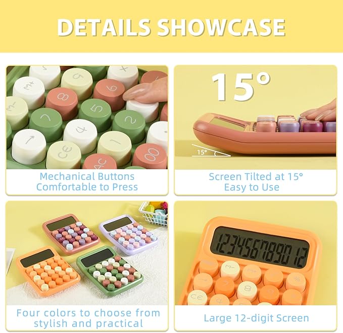 Desktop Mechanical Calculator, 12-Digit Large LCD Display Basic Standard Calculators with Cute Big Buttons, Desk Accessories, for Office Home School (Purple)