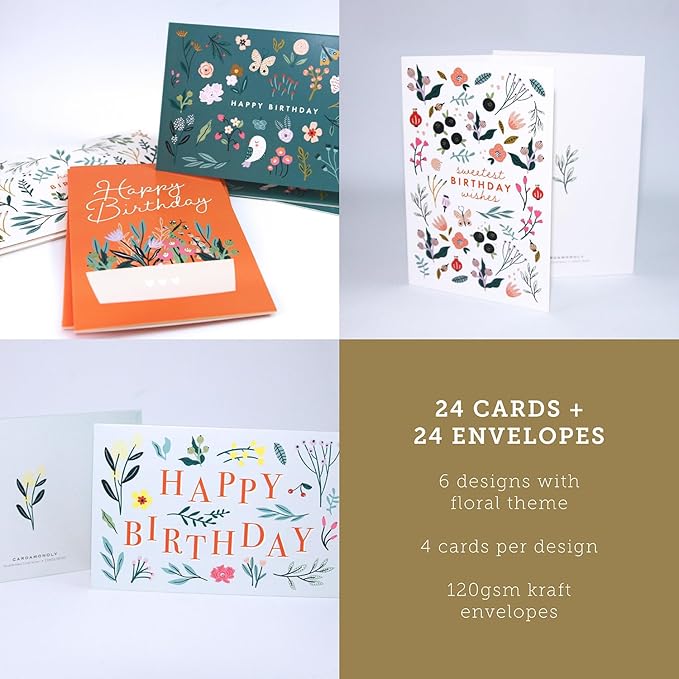 Deluxe Floral Birthday Cards Set - Bulk Assortment with Kraft Envelopes & Round Stickers, Perfect for Women, Baby Showers, Thank You Notes, and Gift Messages - Vibrant Flower Designs on Quality Paper.